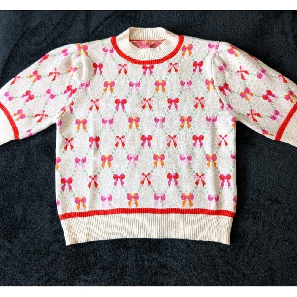 NWT Bow Print Coquette Artsy Cream Sweater Colorful Preppy - Picture 7 of 15